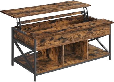 Salontafel, koffietafel, bijzettafel, opbergtafel met deels verstelbaar tafelblad en meerdere opbergvakken, stevig en duurzaam metalen frame, geschikt voor woonkamer, keuken en slaapkamer, 60 x 120 x (48-62) cm,bruin