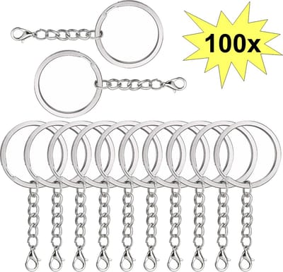 Fako Bijoux - Sleutelringen Met Karabijnsluiting - Sleutelhanger Ringen - Splitringen Met Ketting - RVS - Plat - 25 mm - 100 Stuks