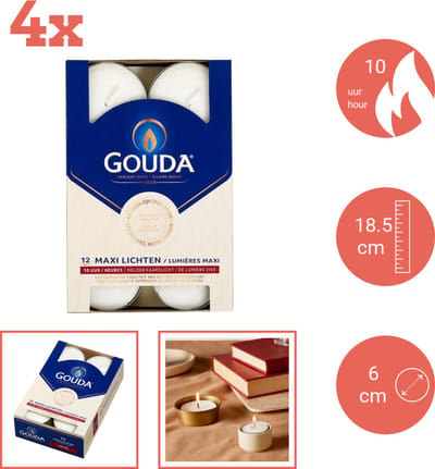 Gouda - Maxi - Theelichten - 12 stuks per verpakking - Doos - Voordeelverpakking - 48 stuks - 4 verpakkingen