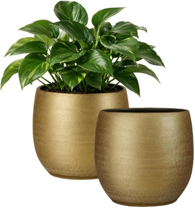 Mica Decorations Plantenpot - 2x - keramiek - goud glans / ribbels - D31 x H32 cm - bloempot Porto