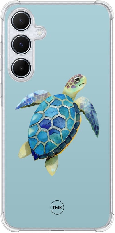 Shockproof hoesje geschikt voor Samsung Galaxy A55 - Schildpad - Schokbestendig - Verhoogde randen - TPU case - Extra Sterke Back Cover - Print - Transparant, Blauw