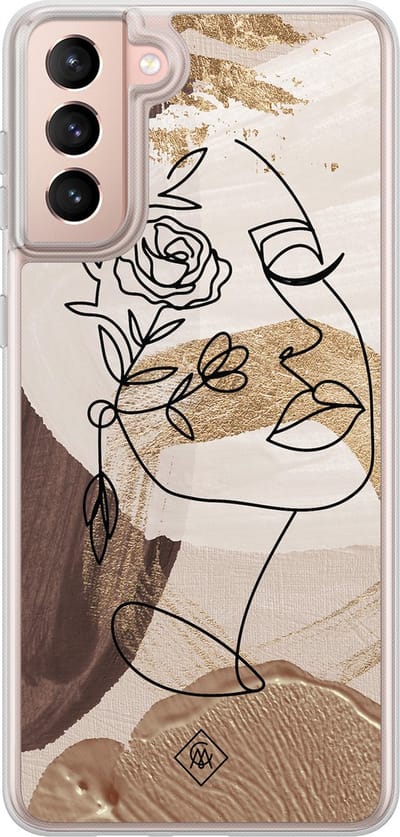 Casimoda® hoesje - Geschikt voor Samsung Galaxy S21 - Abstract Gezicht Bruin - 2-in-1 case - Schokbestendig - Geometrisch patroon - Verhoogde randen - Bruin/beige, Transparant