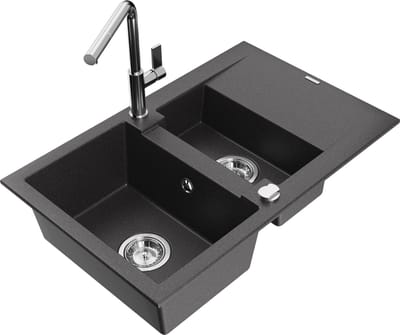 Mexen Gaspar granieten spoelbak 1,5-combigedeelte met afdruiprek en keukenkraan Flora, zwart gespikkeld - 6507-76-670401-00