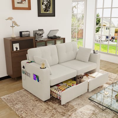 MODFU 2-Zitsbank - Met Opberglades En USB-Aansluitingen - Scandinavisch - Voor Woonkamer - Chenille - Beige - 172 x 75 x 82 cm