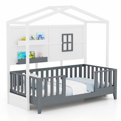 COSTWAY Montessori-bodembed, 90 x 200 cm, kinderbed met valbescherming en 2 planken, houten bed in huisvorm met raam en lattenbodem, wit + grijs