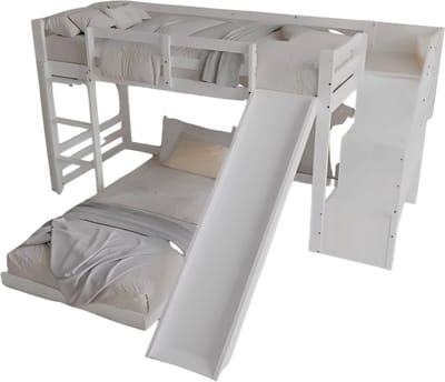Luxe stapelbed voor kinderen - 90x200 cm - Met glijbaan - Kinderbedden - Hoogslaper - Met Hoektrap, valbeveiliging en raam - Peuterbed