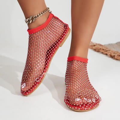 Zomer Dames Nieuwe Luxe Teen Platte Bodem Holle Korte Laarzen Water Diamant Sexy Platte Bodem Mode Banket Flats Schoenen 35