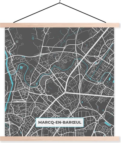 Posterhanger incl. Poster 40x40 cm - Schoolplaat - Marcq-en-Barœul - Stadskaart - Kaart - Plattegrond - Frankrijk - Textielposter - Blanke latten - Stadskaart