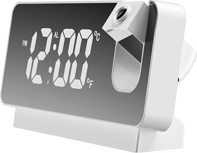 Wekker - Klok - Projectorwekker - Digitale Wekker - Slimme wekker - LED - 360 graden - Spiegelscherm - Slaapkamer - Met temperatuur- en vochtigheidsweergave - Geschikt voor slaapkamer en thuis - Wit