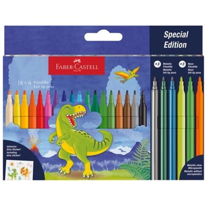 Faber-Castell viltstiften - Dino - 18x standaard kleuren + 3x metallic kleuren + 3x neon kleuren - met dino stickers - FC-554222