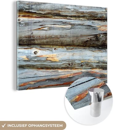 MuchoWow® Glasschilderij 120x90 cm - Schilderij acrylglas - Rustiek - Hout - Planken - Grijs - Foto op glas - Schilderijen