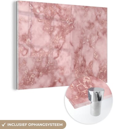 MuchoWow® Glasschilderij 120x90 cm - Schilderij acrylglas - Rose gold - Glitter - Marmer - Agaat - Foto op glas - Schilderijen