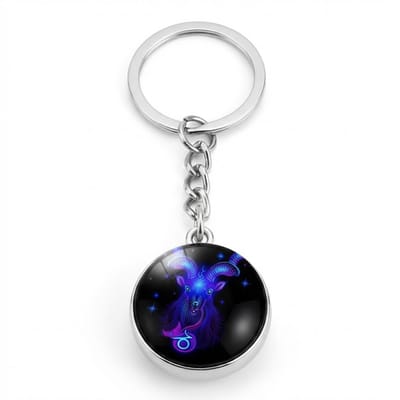 Zilverkleurige ronde sleutelhanger met blauwe steenbok afbeelding – sleutelhanger voor dames en heren – metalen keychain met steenbok sterrenbeeld symbool en schakel ketting