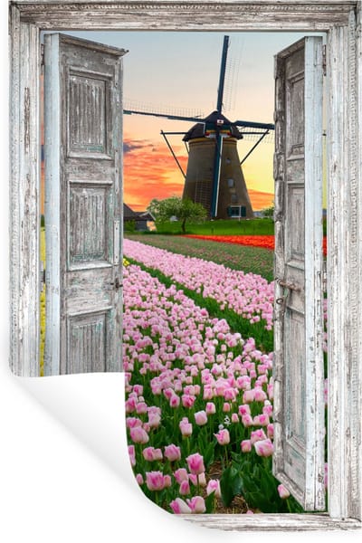 Muurstickers - Sticker Folie - Doorkijk - Tulpen - Molen - Avond - 20x30 cm - Plakfolie - Muurstickers Kinderkamer - Zelfklevend Behang - Zelfklevend behangpapier - Stickerfolie