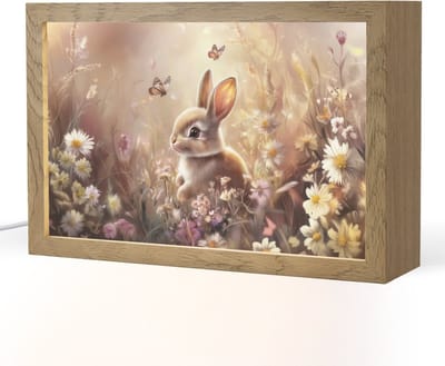 Nachtlampje 30x20 cm - Kinder lampje - Konijntje - Bruin - Bloemen - Vlinders - Tafellamp kinderkamer - Slaapkamer lamp - Bedlamp kinderen - Kinderlampje stopcontact - Wandlamp babykamer - Nachtlampjes
