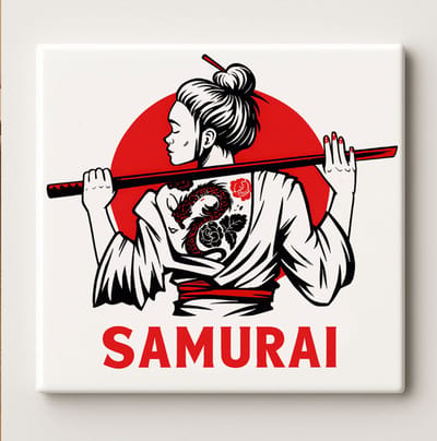 Samurai Vrouw Tegel – Stijlvolle 15x15 cm Japanse Kunst Keramische Muurdecoratie | Stoer Krijger Ontwerp Cadeau voor Kunst- en Japanliefhebbers