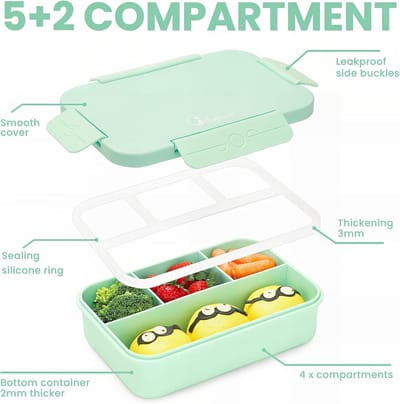 Famanu - Bento Lunchbox 1300 ml met lunchtas, lunchbox voor kinderen en volwassenen met bestek, snackdozen met sausdoos en 10 x fruitvork, bentobox met vakken voor school, kleuterschool, kantoor