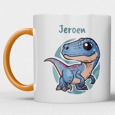 kindermok/kinderbeker | gepersonaliseerd met naam | met dino/dinosaurus/t-rex | oranje | Schattige illustraties