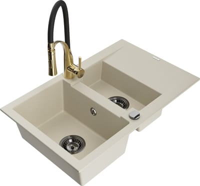 Mexen Gaspar granieten gootsteen 1,5-komorig met druiprek en keukenkraan Aster, beige - 6507-69-73450-57-B