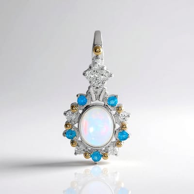 Cavill - Zilveren Hanger 925 Sterling Zilver met Welo Opaal 1 582 ct, Blauwe Zirkonia & Neonblauwe Apatiet - Ovaal Cabochon Edelsteen Sieraad