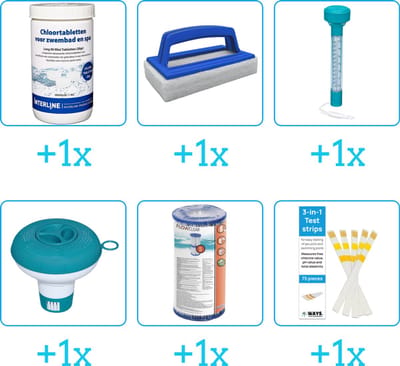 Zwembad Onderhoudspakket - Onderhoud Zwembad - bevat Chloor - Scrubborstel - Thermometer - Chloordrijver - Filter en Testrips (6-delig)