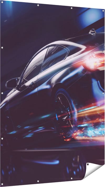 Gards Tuinposter Zwarte Raceauto - Abstract - 120x180 cm - Tuindoek - Tuindecoratie - Wanddecoratie buiten - Tuinschilderij