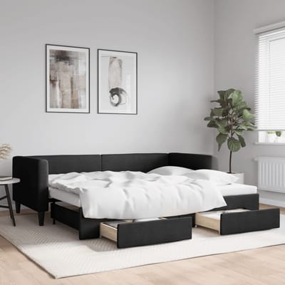 vidaXL - Slaapbank - met - onderschuifbed - en - lades - 90x200 - cm - stof - zwart