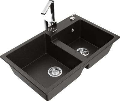 Mexen Tomas granieten gootsteen met 2 kuipen en keukenmengkraan Rita, zwart/goud metallic - 6516-75-670300-00
