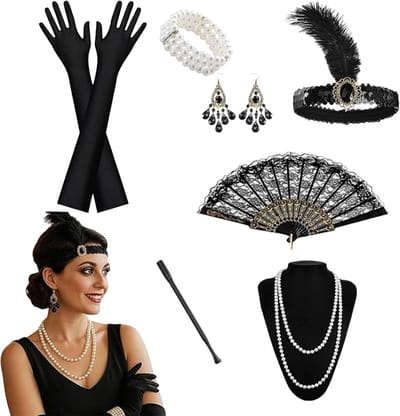 Stijlvol jaren 20-dameskostuum met flapper hoofdband, handschoenen en parelketting voor carnaval en themafeesten