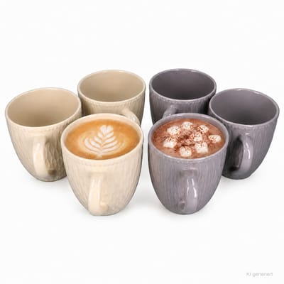 Set van 6 BIKO-koffiemokken, conisch, 600 ml, elk 3x in de kleuren vanille en grijs, van keramiek – 12157