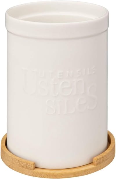5five Natureo Keramische Bestekpot met Bamboe Stand - 12,8 x 18 cm, Wit