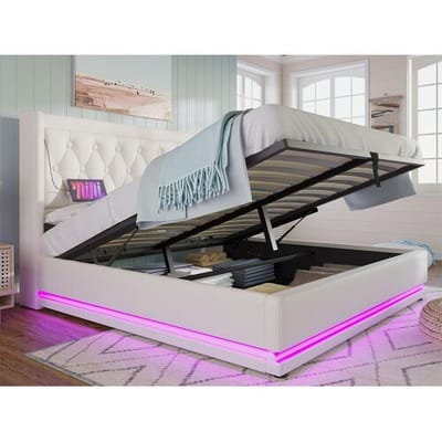 ModernLuxe Gewatteerd opbergbed 140 x 200 cm in kunstleer - met oplaadfunctie en LED aan het voeteneinde - Wit