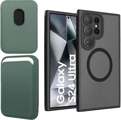 Hoesje + Pasjeshouder geschikt voor Samsung Galaxy S25 Ultra - Portemonnee geschikt voor MagSafe - Magnetisch - Pasjes Houder - Creditcardhouder - Groen