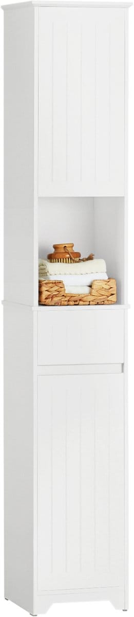 SoBuy Badkamer Kolomkast BZR109-W – Hoge Badkamerkast met Wasmand, Lade, Planken en Deuren – Staande Opbergkast 30x30x170 cm, Wit