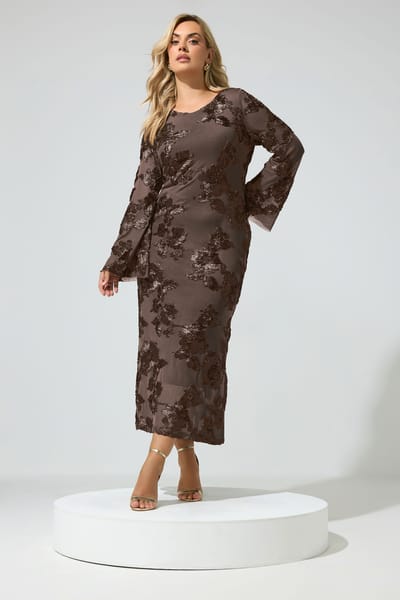 Yours London Chocoladebruine Maxijurk Met Bloemenapplicatie Size 38