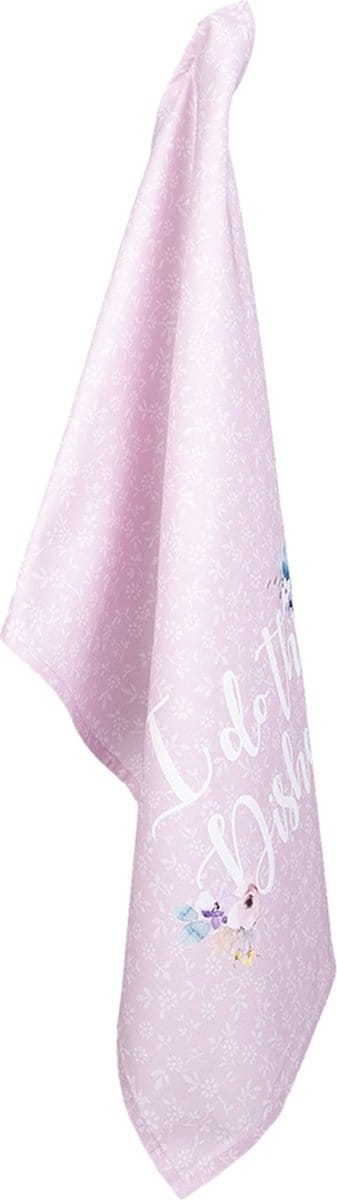 Clayre & Eef Theedoek 50*70 cm Wit, Roze Katoen Rechthoek Tekst en bloemen Vaatdoek Keukendoek Schotelvod