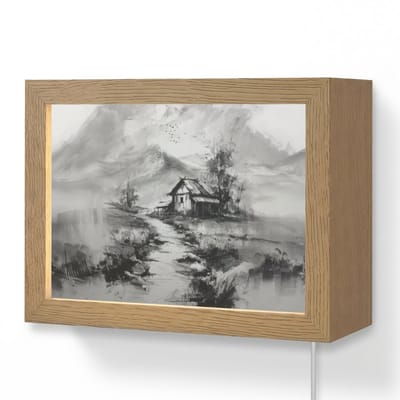 Wandlamp 20x15 cm - Oplaadbaar - Hut - Grijs - Bergen - Mistig - Wandlampen binnen woonkamer - Slaapkamer lamp met kabel - Decoratieve nachtlamp - Vloerlamp snoer