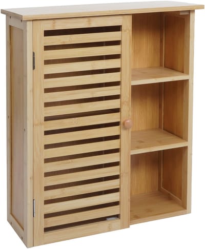 Hangkast MCW-O73, badkamerkast, deuren, opbergvakken, bamboe, 60x50x19 cm
