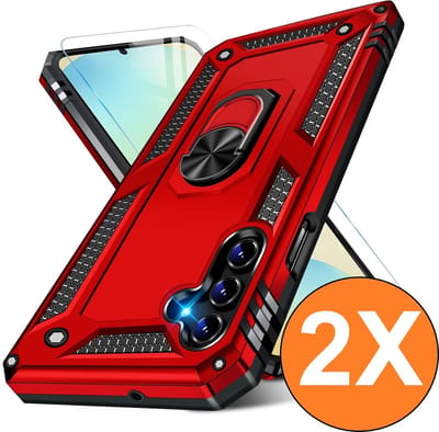 Hoesje Geschikt voor Samsung Galaxy S24 FE Hoesje Rood Anti-Shock Hybrid Armor hoesje Met Draaibare Ring Houder - Samsung S24 FE Screenprotector 2 pack