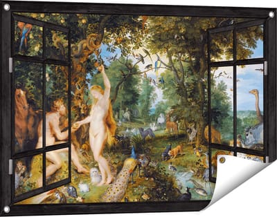 Gards Tuinposter Doorkijk Het Aardse Paradijs met de Zondeval van Adam en Eva - Jan Brueghel - 90x60 cm - Tuindoek - Tuindecoratie - Wanddecoratie buiten - Tuinschilderij