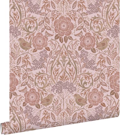 ESTAhome behang bloemen en vogels lila paars en terracotta roze - 53 cm x 10.05 m - 139830