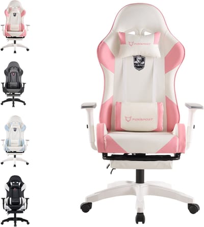 FOXSPORT Gamestoel - Gaming Chair - Ergonomisch - Verstelbaar - Met lendensteun en hoofdsteun - Met voetsteun - Bureaustoel - Racing -Wit/Roze