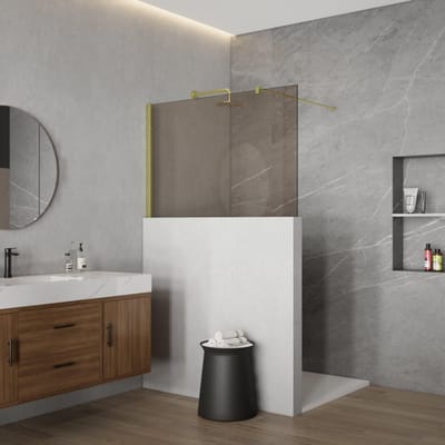 FugaFlow Eccelente Vetro Halfhoge Inloopdouche - 120x80cm - rookglas - 8mm - nano - met profiel en stabilisatiestang - Geborsteld Messing PVD (Goud)