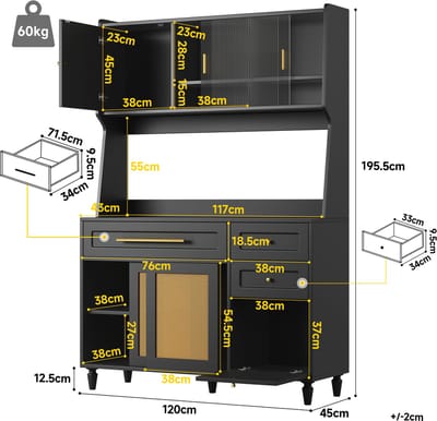 Keukenkast, hoge kast, vitrinekast, buffetkast met verstelbare planken, eetkamerkast met 3 lades, dressoir met ledverlichting, PE-rotan, zwart