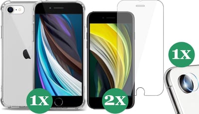 Hoesje geschikt voor iPhone SE 2022 / SE 2020 / 8 / 7 Transparant Shock Case - 2x Screenprotector Glas + 1x Camera Screen Protector