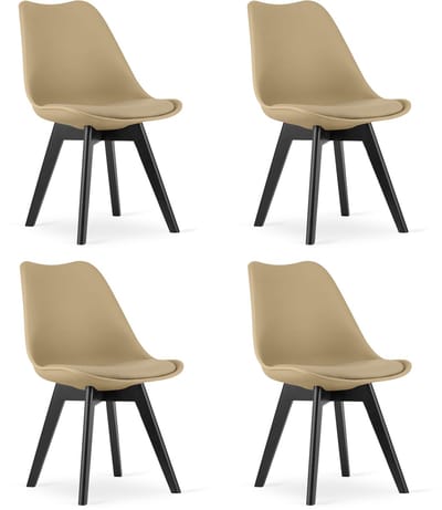 Set van 4 Stoelen MARK – Donkerbeige, Zwarte Beukenhouten Poten, Kunststof Zitting met Kunstlederen Kussen, Strak Design, Ergonomisch, Geschikt voor Keuken, Eetkamer, Kantine en Werkruimte, Max. 120 kg