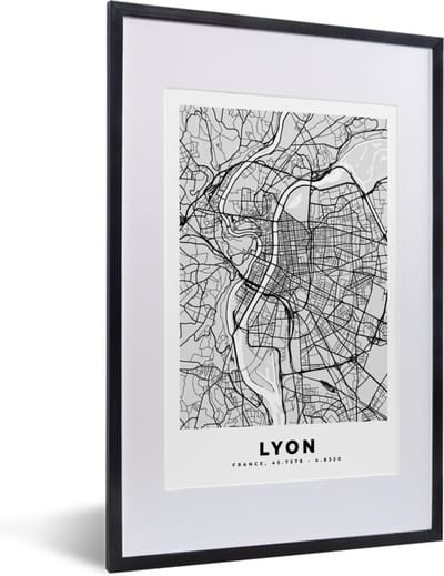 Fotolijst incl. Poster - Plattegrond - Lyon - Stadskaart - Kaart - Frankrijk - 40x60 cm - Posterlijst