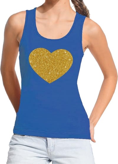 Bellatio Decorations Gouden hartje glitters - tanktop / mouwloos t-shirt - blauw - voor dames S