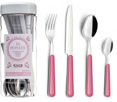 EME Brio Bestekset voor 4 personen, 16-delig, Roestvrij staal met gekleurd handvat, Pink 66, Tube Box