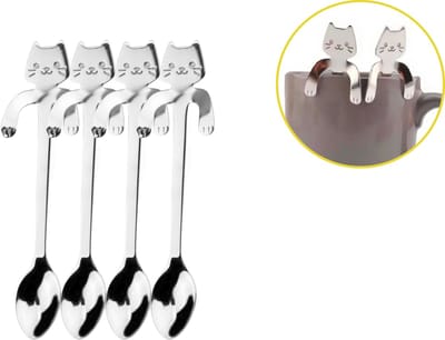 4 Theelepels Hangende Kat - Katten Koffielepel - RVS - Zilverkleurig